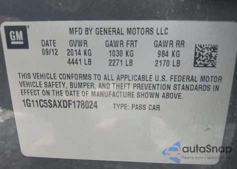 2013 Chevrolet Malibu 1Lt z USA, uszkodzony, nr VIN 1G11C5SAXDF178024